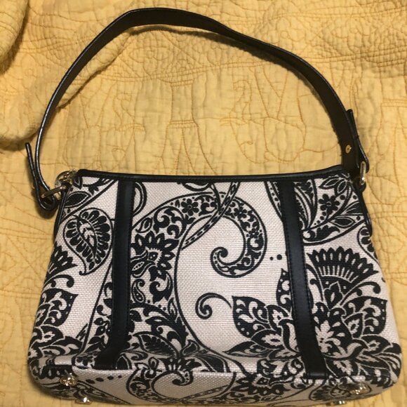 Spartina 449 Canvas Natural Linen Genuine Leather Purse Footed Bottom Black Hand - Picture 2 of 8